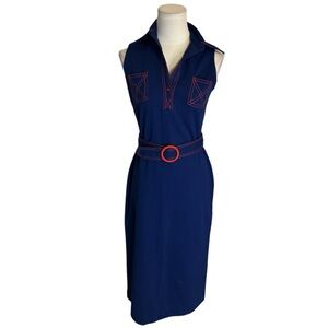 VINTAGE RENOWN Blue Red Midi Dress Belt Size S M 70’s 60’s Sleeveless Party Work